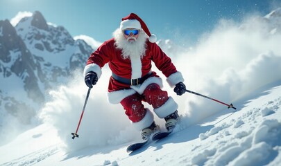 Santa Claus skiing in a snowy landscape captures the fun and festive spirit of winter, perfect for holiday promotions, advertisements, or seasonal events.