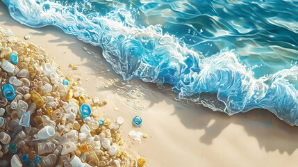 Obraz premium Soft aqua blue waves lapping pristine white shore golden sand shimmering sunlight small plastic caps washing onto beach tide. Shimmering Caps. Illustration
