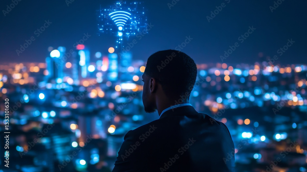 Poster mobile 5g network landing page. communication system, cellular connection and fast internet for smar