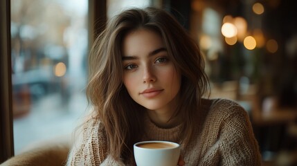 Portrait of a beautiful woman enjoying a cup of coffee in a cozy cafe setting near a window