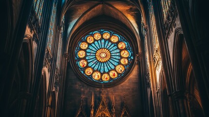 Grand cathedral interior with stained glass window.