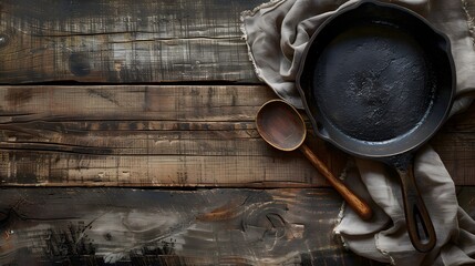 Cast iron skillet and wooden spoon on weathered wood with a cloth creating a vintage kitchen scene