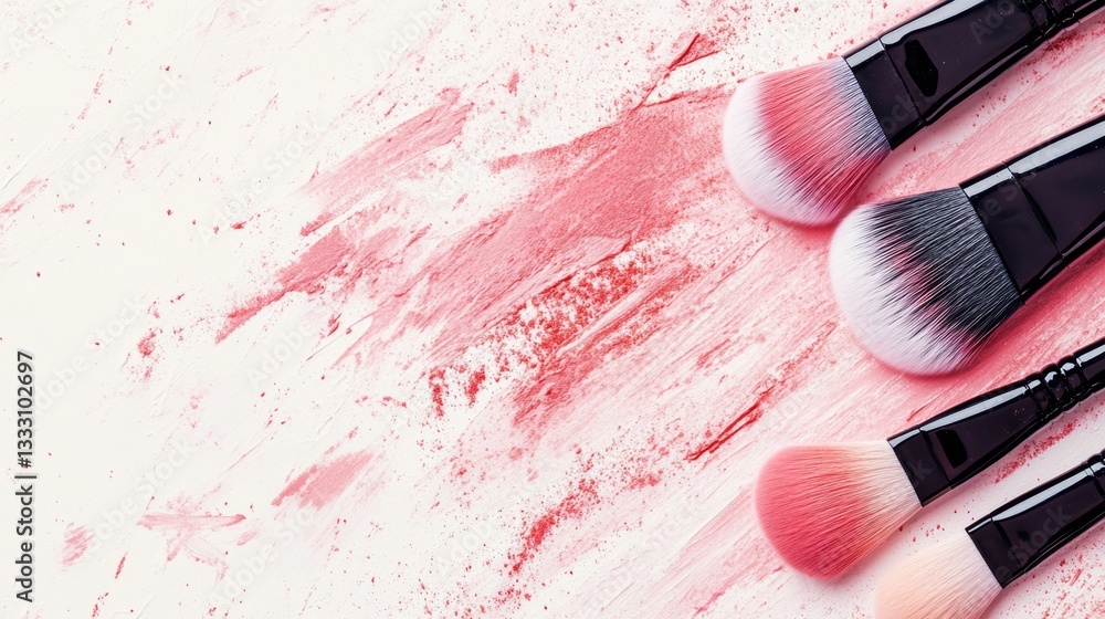 Aufkleber makeup brushes scattered with pastel blush strokes on a soft background showcasing artistic minimali