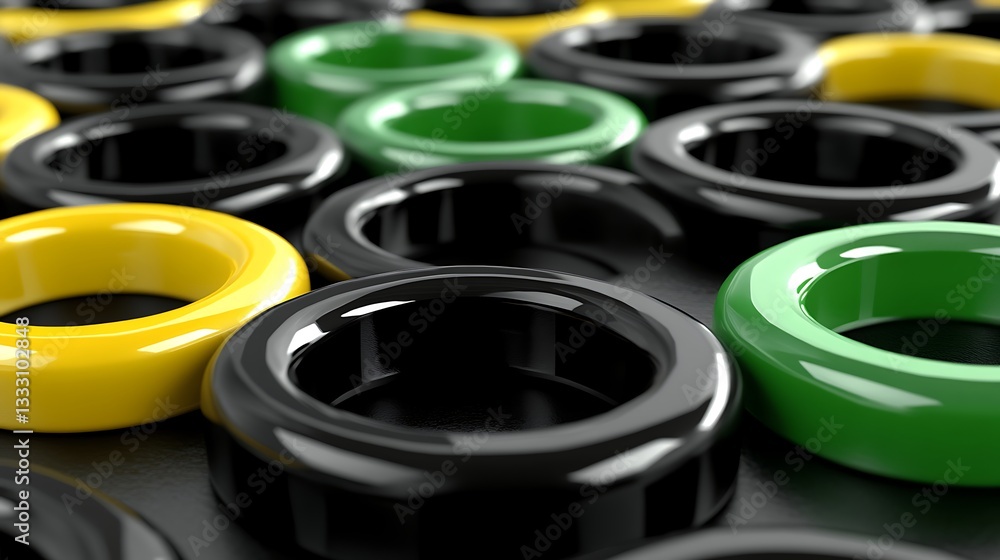 Poster multiple brightly colored rings arranged with a shallow depth of field