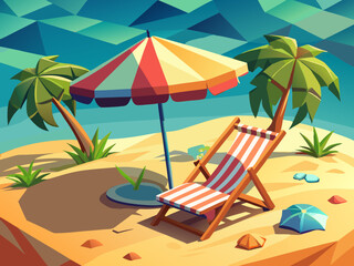 vector of  Beach umbrella with chairs on beach sand. summer vacation concept. 3d rendering