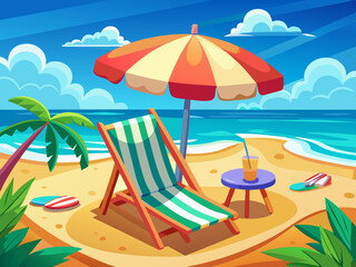 vector of  Beach umbrella with chairs on beach sand. summer vacation concept. 3d rendering