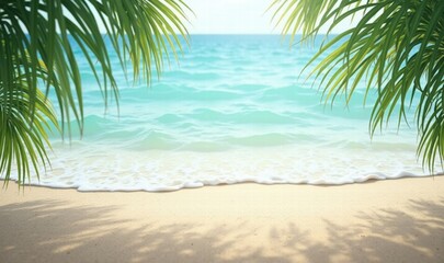 A serene tropical beach scene with gentle waves and palm leaves framing the view, perfect for evoking relaxation and tranquility in marketing materials.