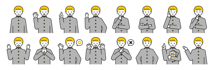 上半身のポーズセット_シンプルな男子学生