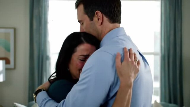 young couple in room, young couple hugging, man hug her depressed wife, young man hug her depressed wife, sad couple, ai generated