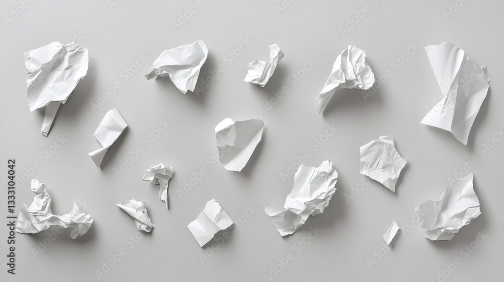 Poster crumpled paper scraps. ragged creased sheet, blank or empty page. realistic torn white note paper pi