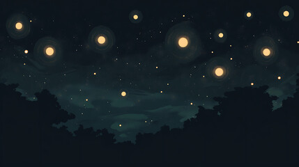Fototapeta premium A serene night sky filled with glowing lanterns above a dark forest, creating a magical atmosphere