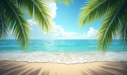 A tranquil beach scene with palm trees framing a serene ocean under a bright blue sky. Perfect for travel, relaxation, and summer-themed projects.