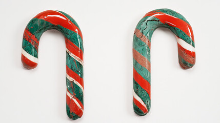 Minimalist illustration of two candy canes with green and red stripes, representing traditional christmas sweets, isolated on a white background