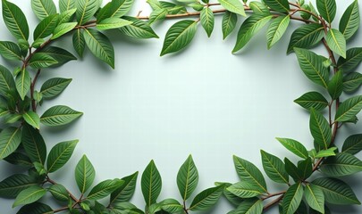 Naklejka premium A beautiful arrangement of lush green leaves framing a soft background, perfect for nature-themed designs, eco-friendly projects, or wellness branding.