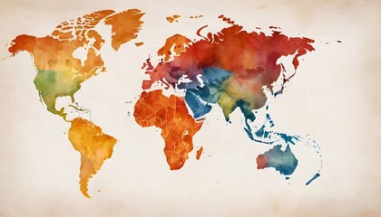 Watercolor style, world map, colorful, Asia-centered map. World map in watercolor style. Earth globe in watercolor style. Colorful world map consisting of triangles.cartography, creativity, global,4