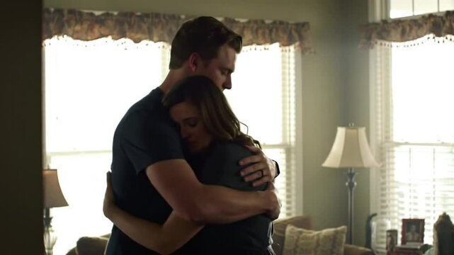 young woman with her husband, young couple in room, young couple hugging, man hug her depressed wife, young man hug her depressed wife, sad couple, ai generated
