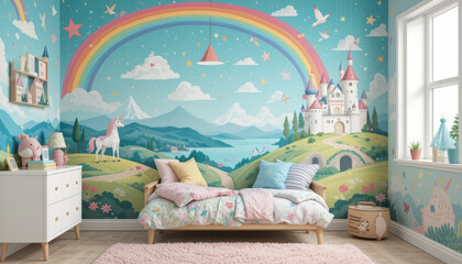 whimsical children bedroom featuring colorful mural with rainbow, unicorn, and castle