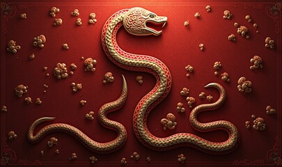 Obraz premium A striking artistic representation of a golden snake on a rich red background, evoking themes of power, protection, and ancient symbolism.