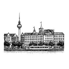 Naklejka premium Engraved vintage illustration of Berlin skyline featuring television tower and historic buildings