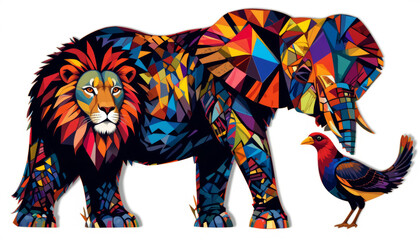 Colorful lion, elephant, and bird in geometric art style
