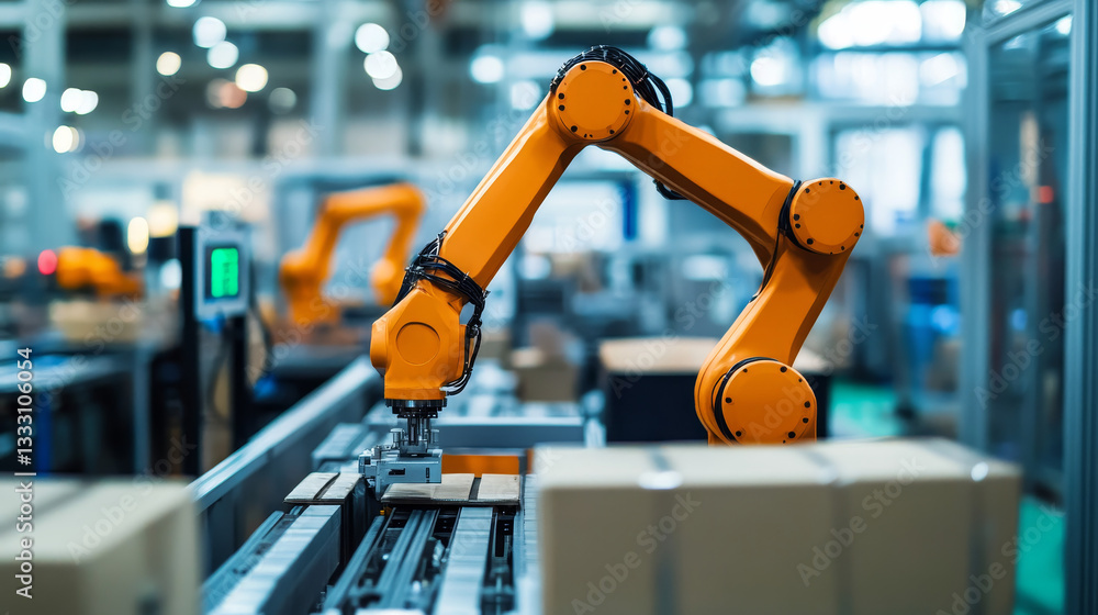 Poster modern robotic arm picking up object in automated factory setting, showcasing advanced technology an
