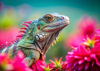 Fototapeta premium Vibrant Iguana and Pink Flowers: Minimalist Nature Photography