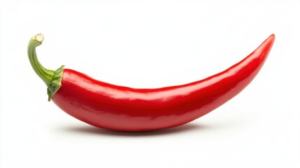 A vibrant red chili placed on a clean white surface.