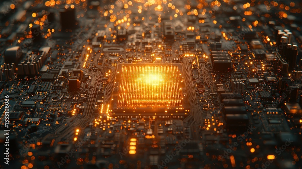 Poster illuminated circuitry: a close-up of a glowing microchip