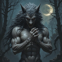 muscular werewolf stands menacingly under full moon, surrounded by dark trees