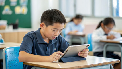 Focused school boy using digital tablet in classroom, engaged in learning