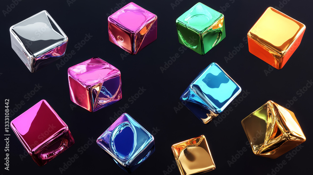 Poster holographic realistic 3d metal cube set. neon color geometric element in different positions. square