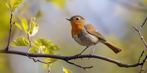 Fototapeta premium A small bird perches on a tree branch, surrounded by nature.