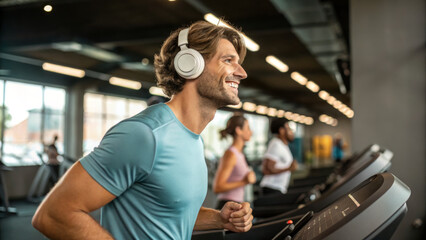 man in wireless headphones enjoys jogging on treadmill, smiling with energy. gym atmosphere is vibrant and motivating