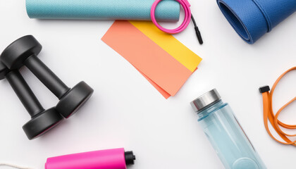 Fototapeta premium Fitness equipment and accessories arranged on white background