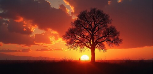 A stunning sunset landscape with a solitary tree silhouetted against vibrant orange and purple skies, perfect for nature-inspired projects or relaxation themes.
