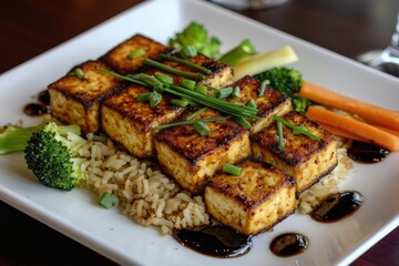 Delicious Grilled Tofu with Broccoli and Carrots Served on Rice with Soy Sauce Drizzle
