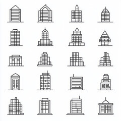 Obraz premium Set of sixteen line art building icons