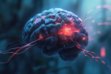 Futuristic brain with circuits in a technology concept background