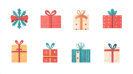 Christmas presents in gift boxes. Birthday present box, xmas or wedding anniversary, valentine gifts pile with ribbon. Holiday greeting isolated vector icons illustration set