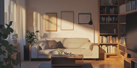 A brightly lit living room with sofa and bookshelf displayed