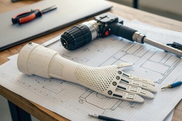 Prosthetic Limb Model on Workbench With Tools and Blueprints Generative AI
