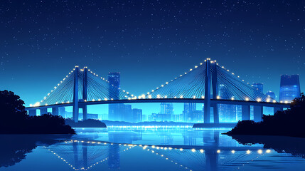 A serene night view of a brightly lit bridge reflecting on calm waters, surrounded by a city skyline