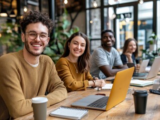 Freelancers from different ethnicities working together in a co-working space, creative energy, diverse perspectives