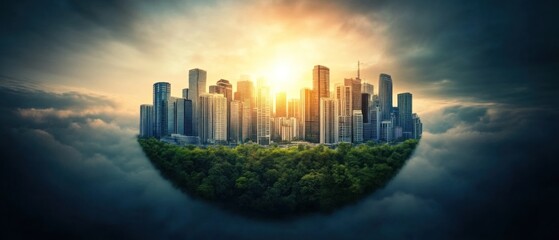 Urban sunrise cityscape emerging from lush greenery modern metropolis nature integration aerial view futuristic concept