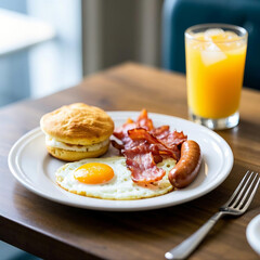 Delicious Hotel Breakfast with Omelette, Sausages, and Orange Juice