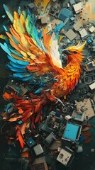 Obraz premium Phoenix emerges from discarded technology vibrant rebirth.
