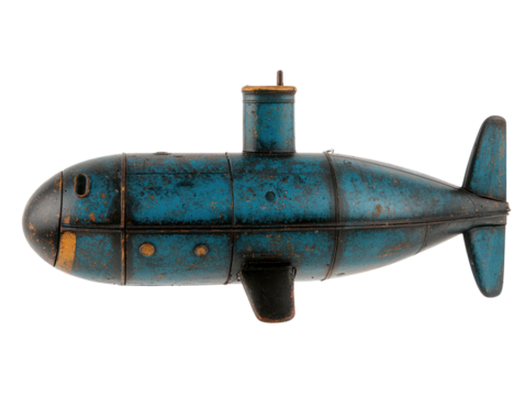 Vintage submarine toy nautical theme collectible artifact playful environment top-down perspective nostalgic appeal