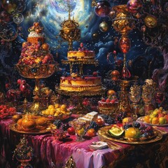 Lavish dessert table beneath a cosmic sky