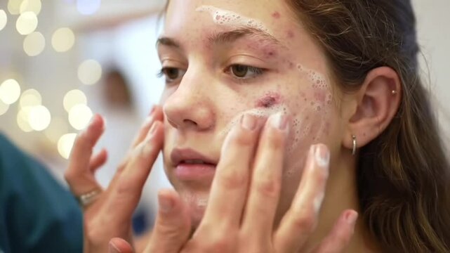 A girl with acne problems, woman receiving face treatment in a dermatology office, woman receiving face treatment in a beauty salon, girl applying cleansing foam for pores in salon, ai generated
