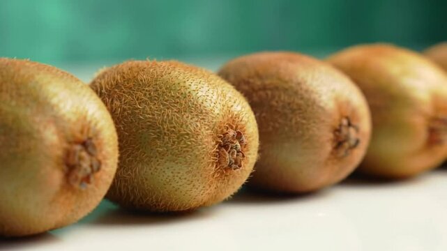 Fresh Kiwi Fruits in a Row &ndash; Close-Up Camera Travel for Natural Food Presentation